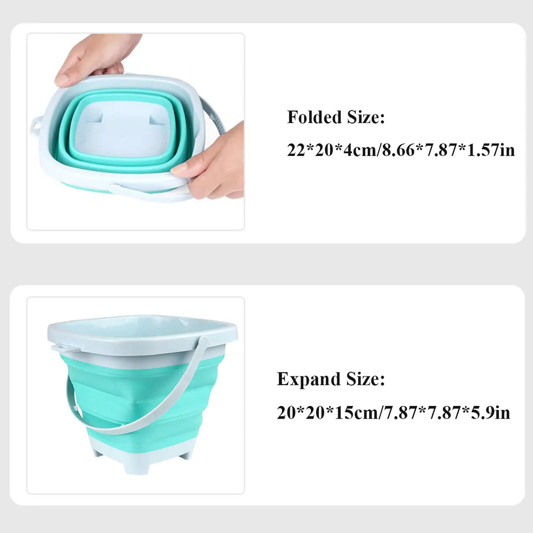 Folding beach bucket folded and expanded sizes