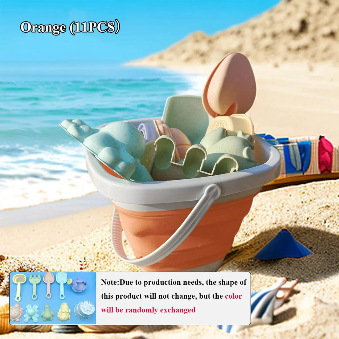 Kids beach toys with folding bucket, Orange bucket, 11 pieces