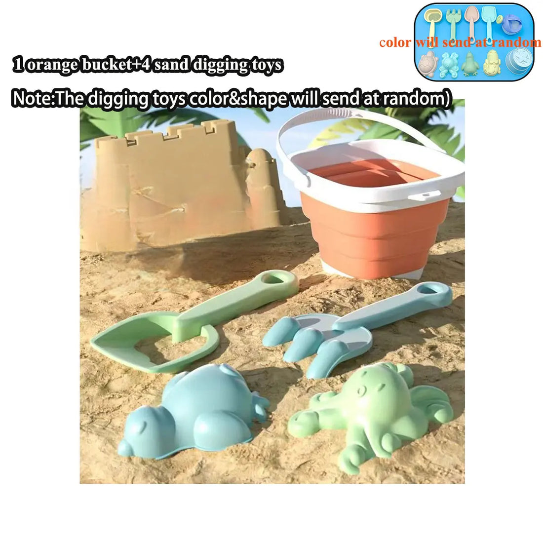 Kids beach toys with folding bucket, Orange bucket, 5 pieces
