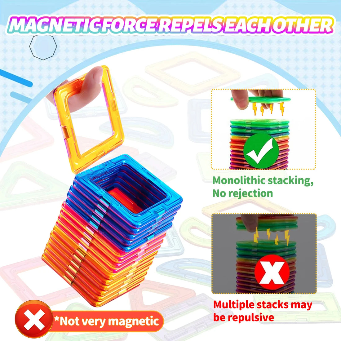 Magnetic building tiles stacked to show magnet strength