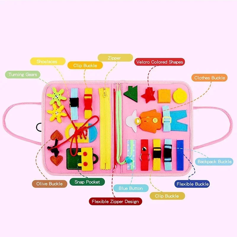 Felt busy book page layout showing buttons, zips and shapes