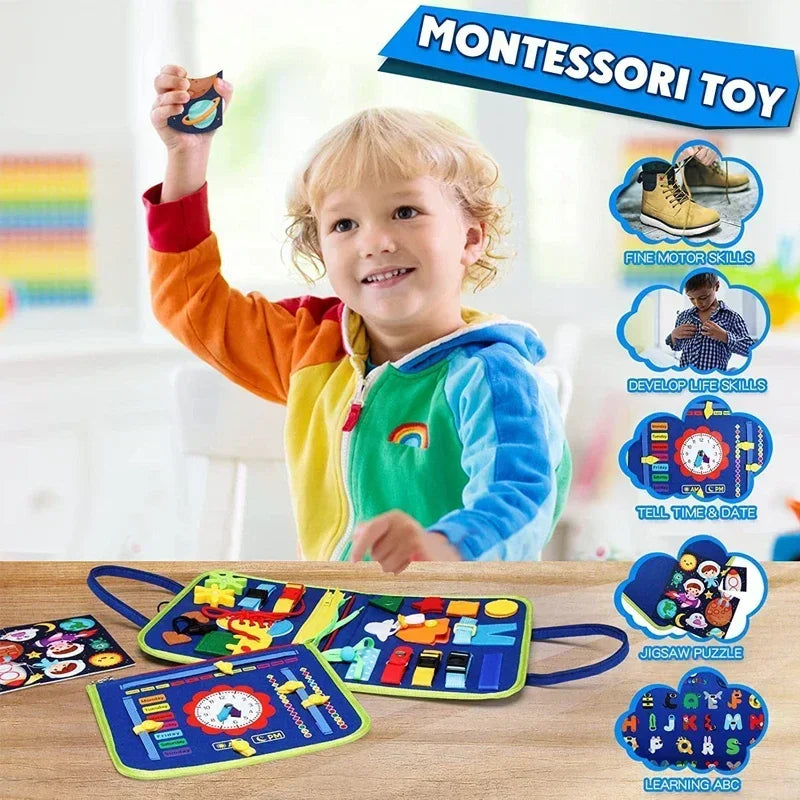 Child holding a Montessori felt busy book