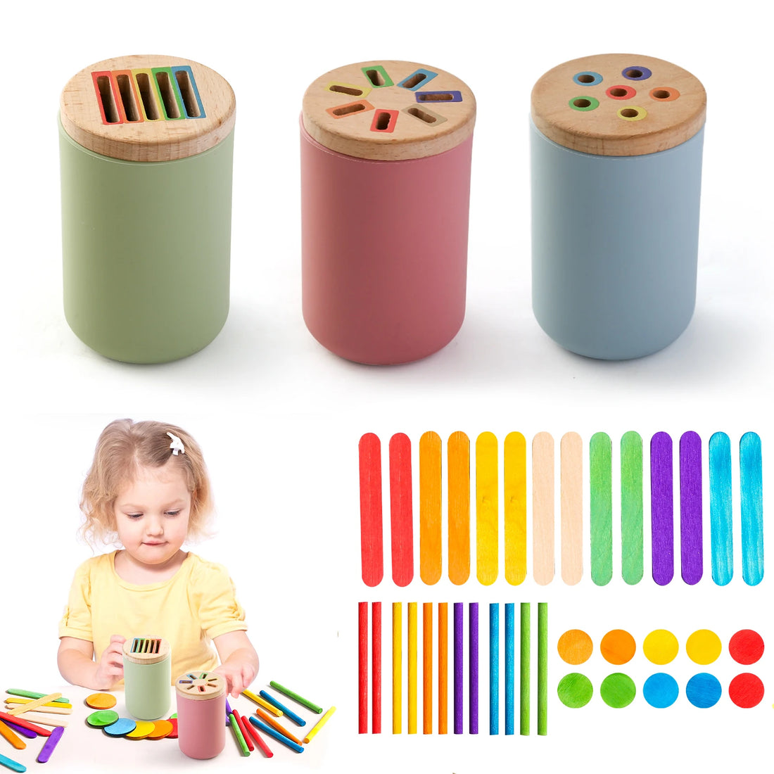 Montessori colour sorting toy with cups, sticks and lids