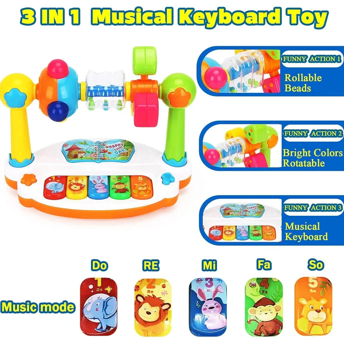 Musical keyboard toy with rotating beads and drum