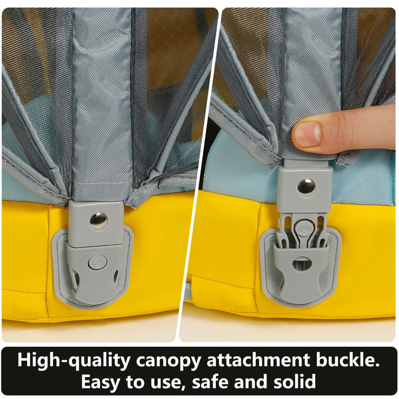 Canopy attachment buckle — the sun canopy clips on and off in seconds