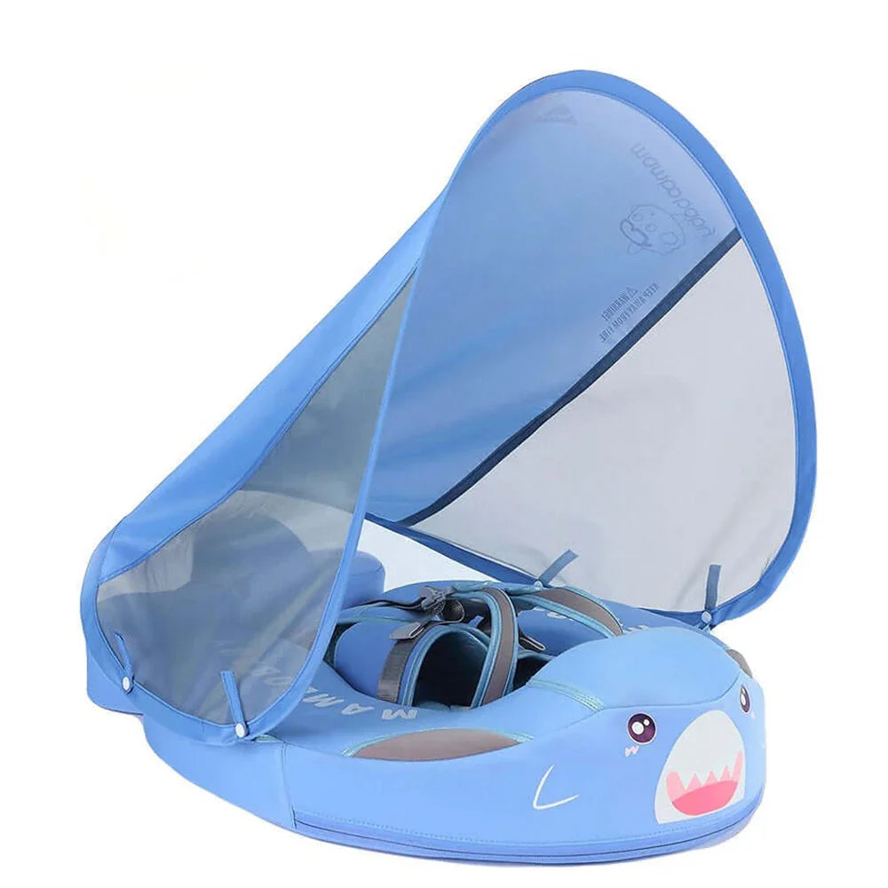 Mambobaby Shark baby float in blue with UPF 50+ sun canopy, 3–24 months