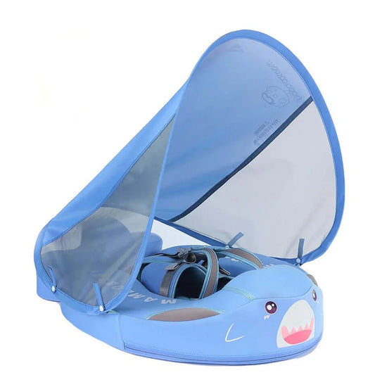 Mambobaby Shark baby float in blue with UPF 50+ sun canopy, 3–24 months