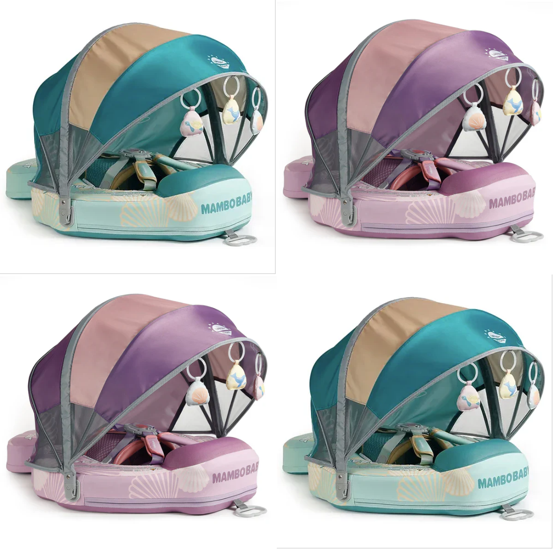 Two baby buggies in teal and purple with 'Mambo Baby' branding.