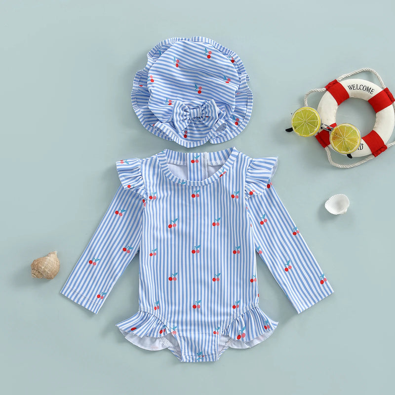 Baby long sleeve swimsuit with matching sun hat, blue