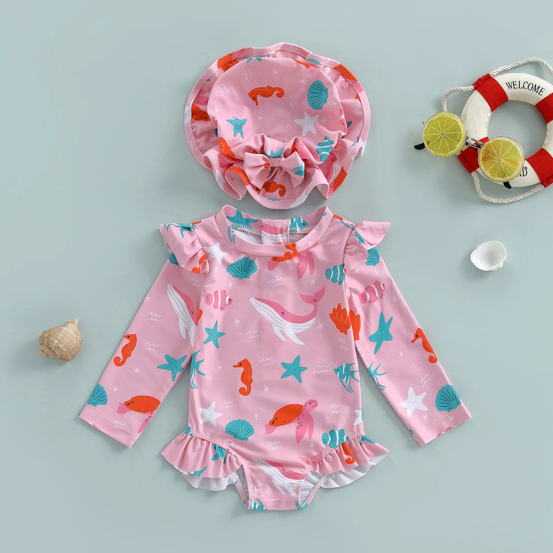 Baby long sleeve swimsuit and hat, pink sea print