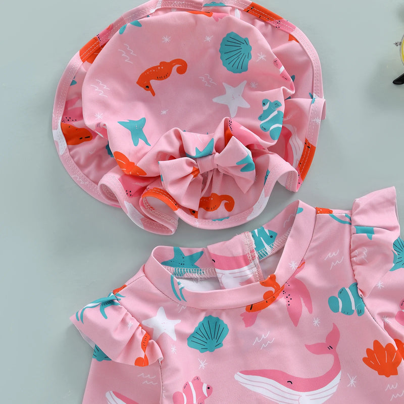Baby sun hat with wide brim, sea print