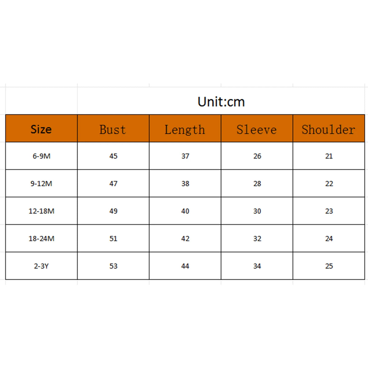 Baby swimsuit size chart in cm