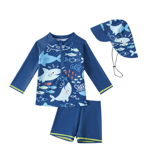 Baby and toddler UPF 50+ swim outfit in blue shark – 3-piece set with detachable sun hat