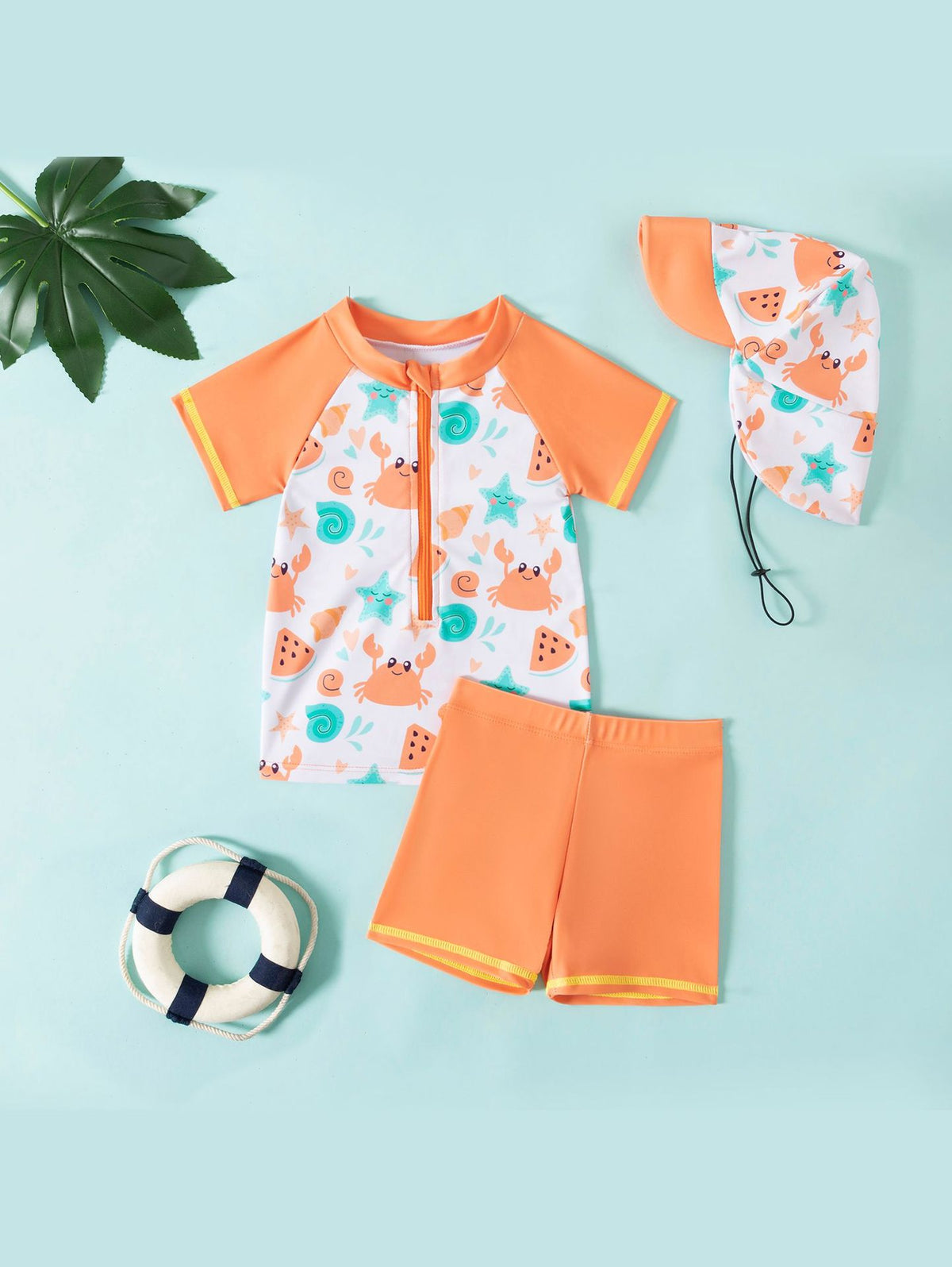 Baby and toddler UPF 50+ swim outfit in orange – 3-piece set with detachable sun hat