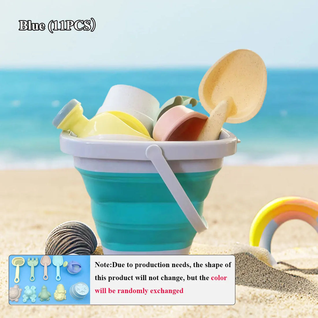 Kids beach toys with folding bucket, Blue bucket, 11 pieces