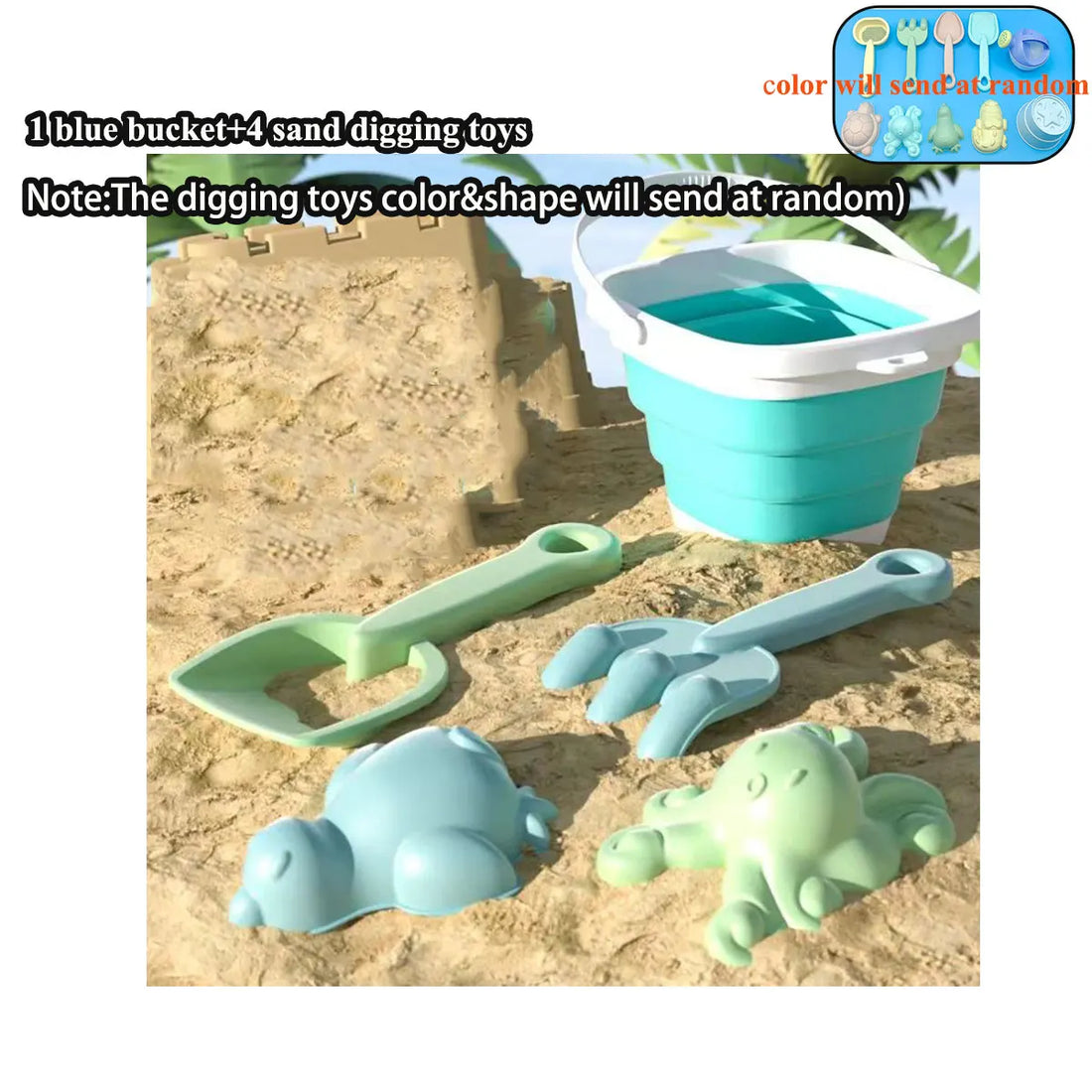 Kids beach toys with folding bucket, Blue bucket, 5 pieces