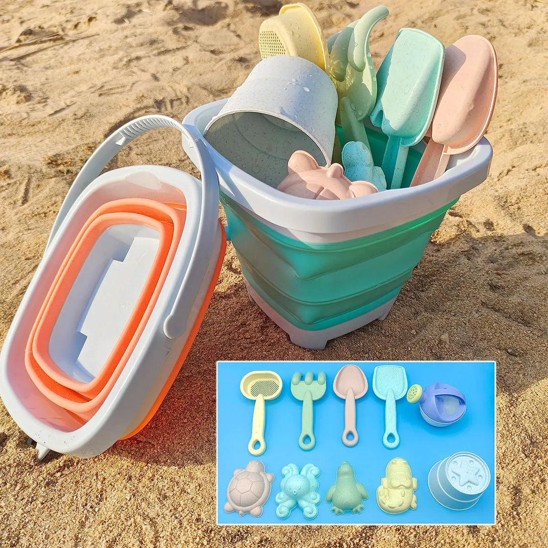 Kids beach toys set with folding bucket and sand moulds