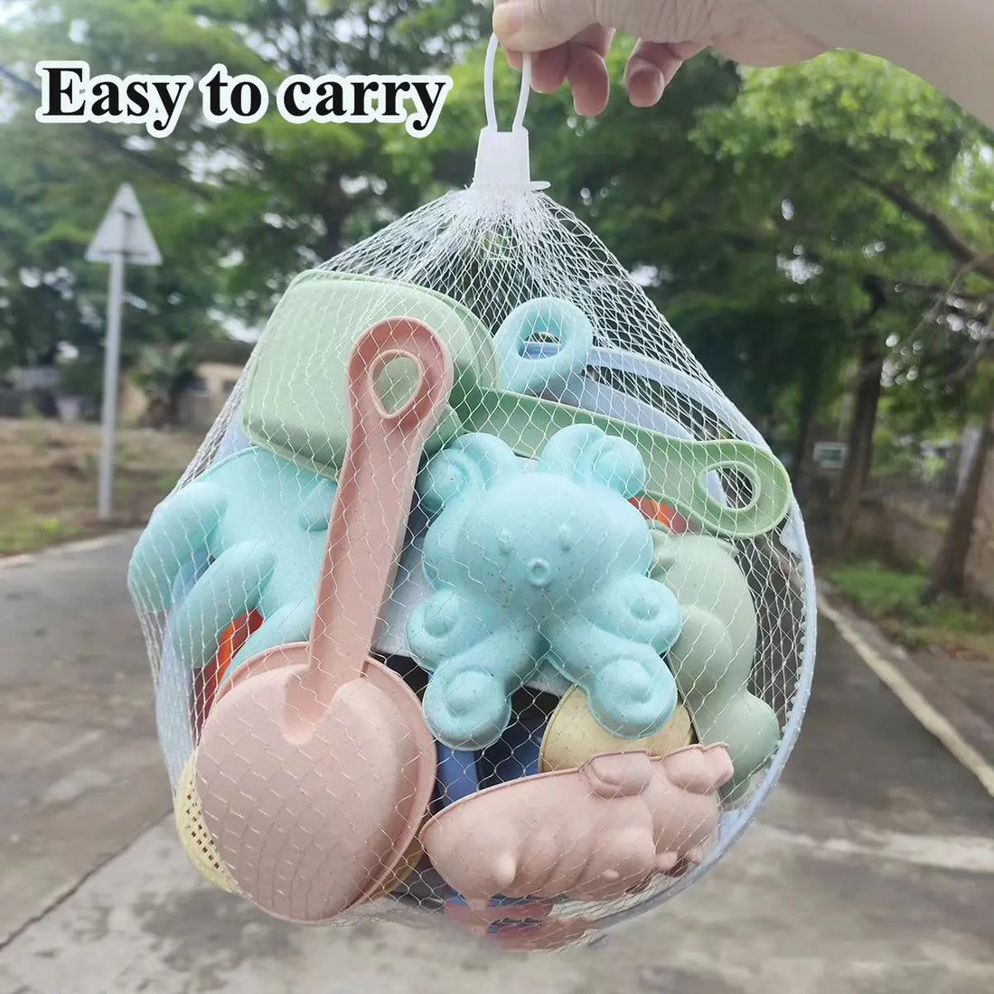 Beach toys in a mesh carry bag