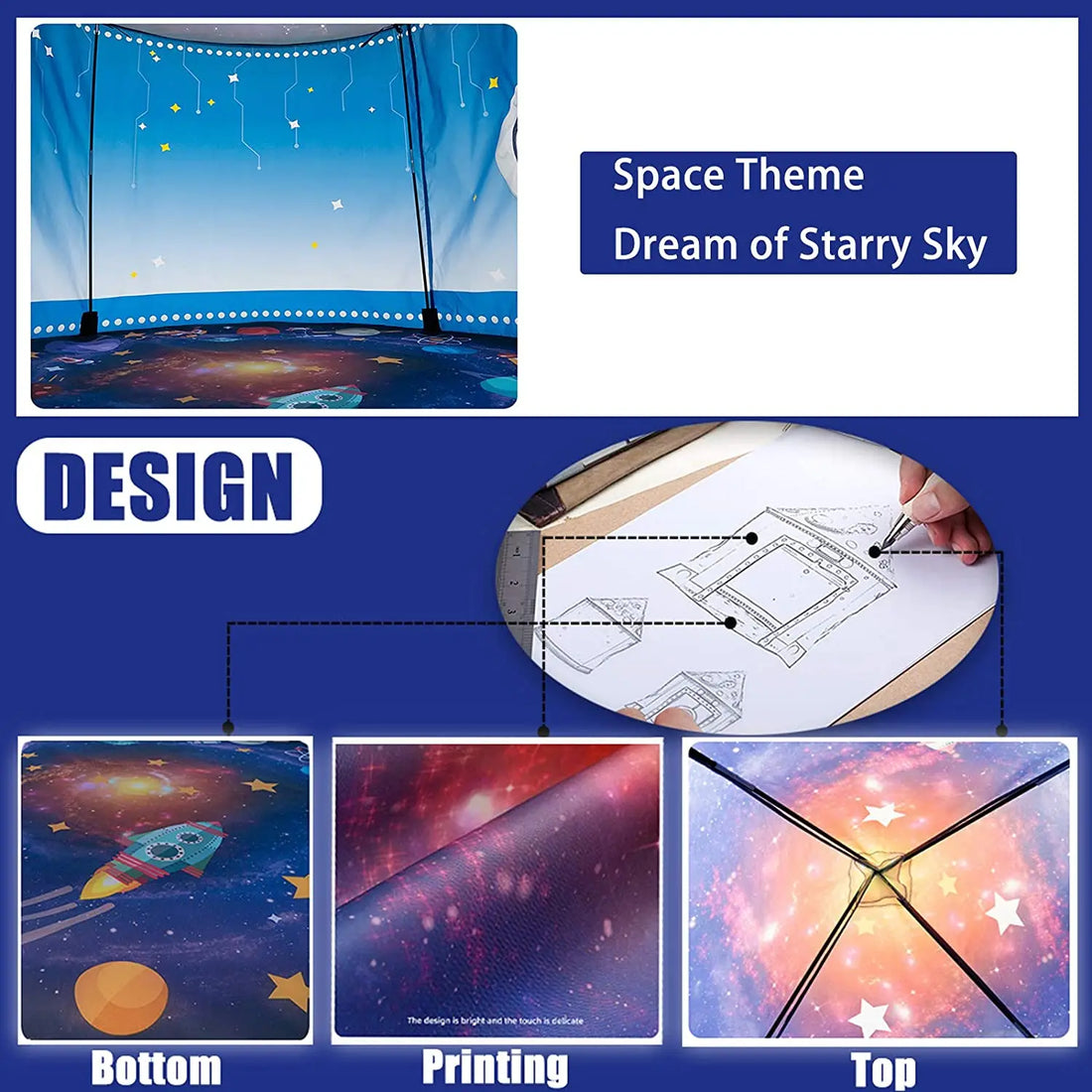Rocket play tent design with starry sky print