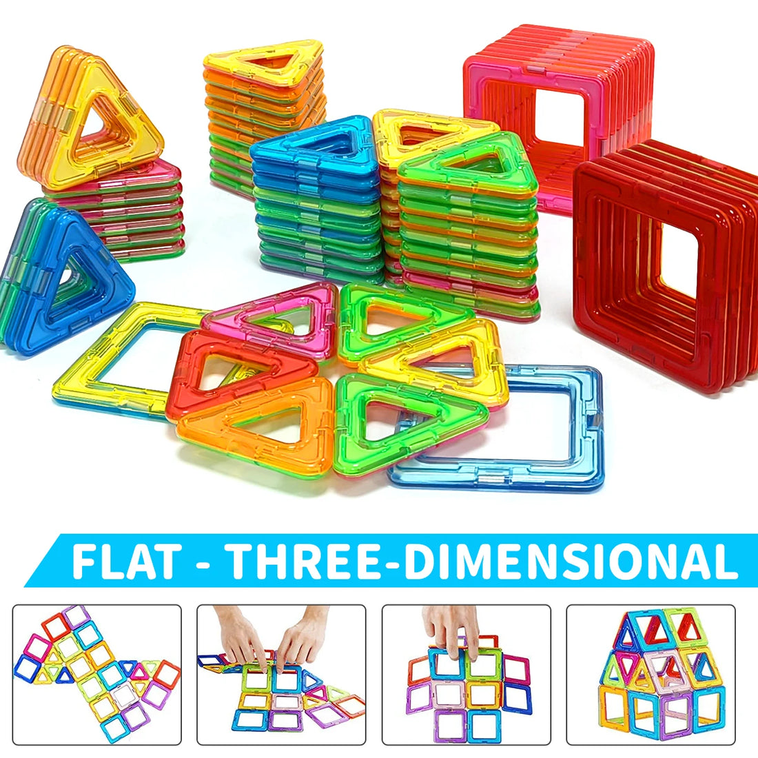 Magnetic tiles built into flat and 3D shapes
