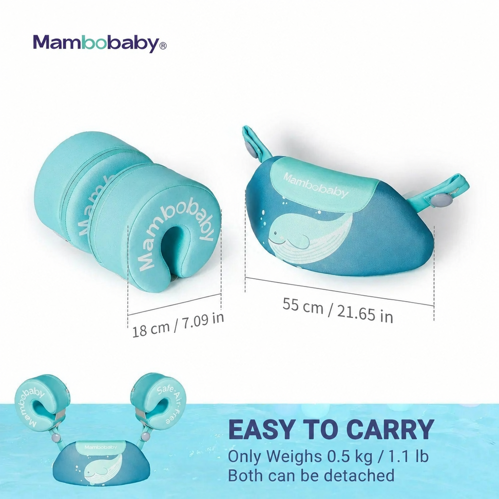 Dimensions of the Mambobaby Armband Float Vest: armband 18 cm / 7.09 in, chest float 55 cm / 21.65 in, only 0.5 kg / 1.1 lb, both parts detach