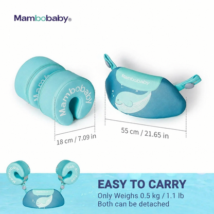 Dimensions of the Mambobaby Armband Float Vest: armband 18 cm / 7.09 in, chest float 55 cm / 21.65 in, only 0.5 kg / 1.1 lb, both parts detach