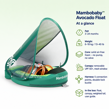 Mambobaby Avocado Float – specifications at a glance: age, weight, core, canopy, harness and what is in the box