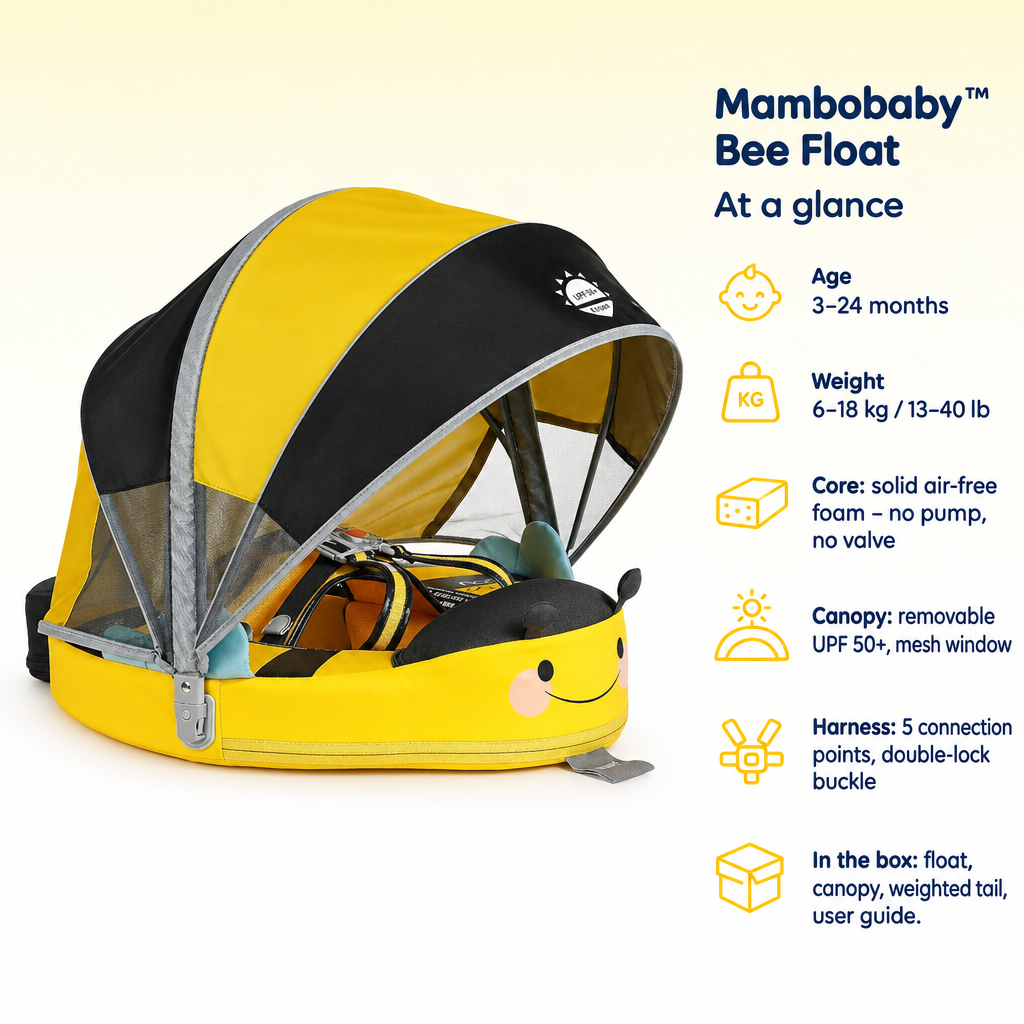 Mambobaby Bee Float – specifications at a glance: age, weight, core, canopy, harness and what is in the box