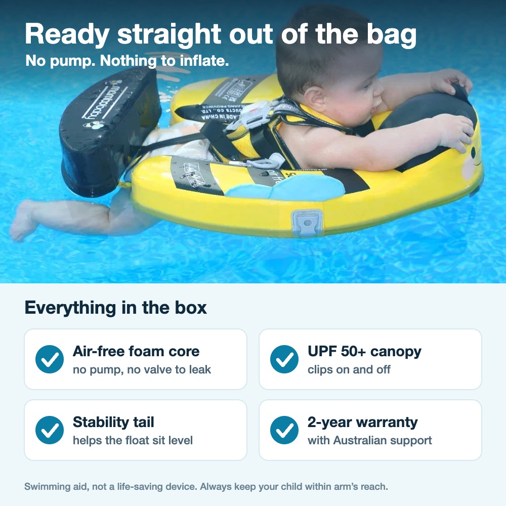 Mambobaby Bee float: ready out of the bag, no pump, what is in the box