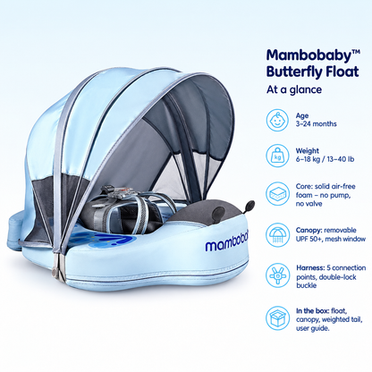 Mambobaby Butterfly Float – specifications at a glance: age, weight, core, canopy, harness and what is in the box