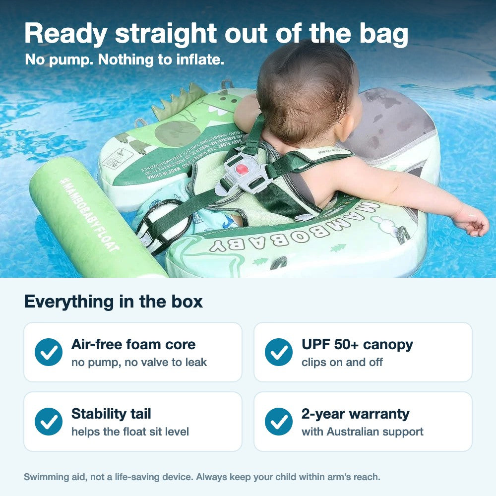 Mambobaby Dinosaur float: ready out of the bag, no pump, what is in the box