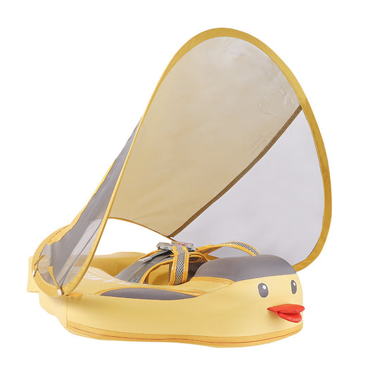 Mambobaby Duck baby float in yellow with the UPF 50+ sun canopy raised, 3–24 months