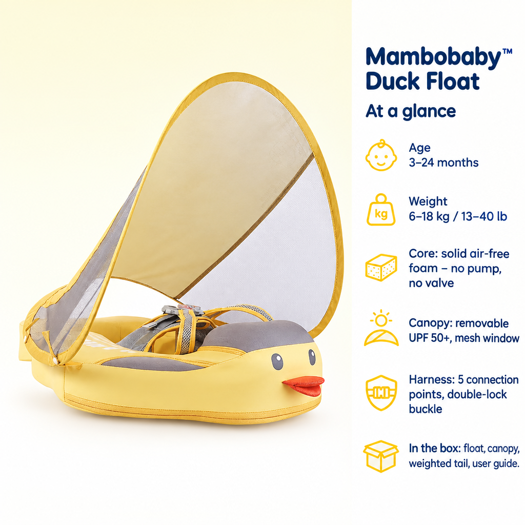 Mambobaby Duck Float – specifications at a glance: age, weight, core, canopy, harness and what is in the box
