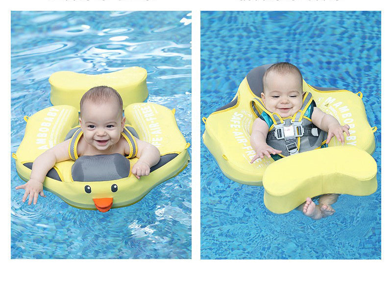 Two ways to use the Duck float — baby on their tummy, and baby on their back