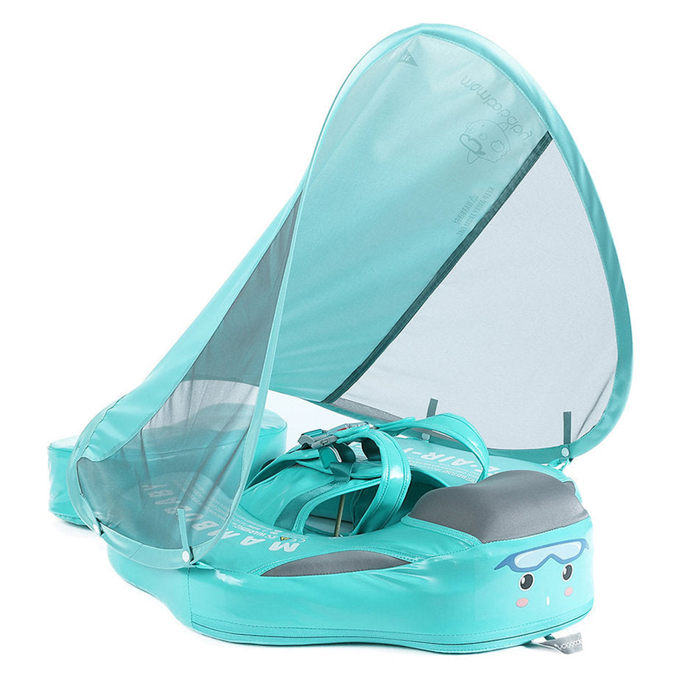 Mambobaby Flamingo baby float in green with UPF 50+ sun canopy, 3–24 months