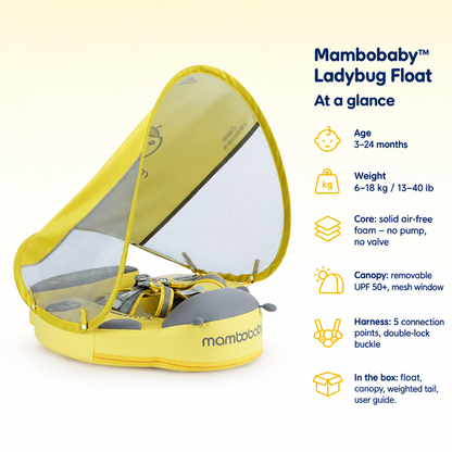 Mambobaby Ladybug Float – specifications at a glance: age, weight, core, canopy, harness and what is in the box