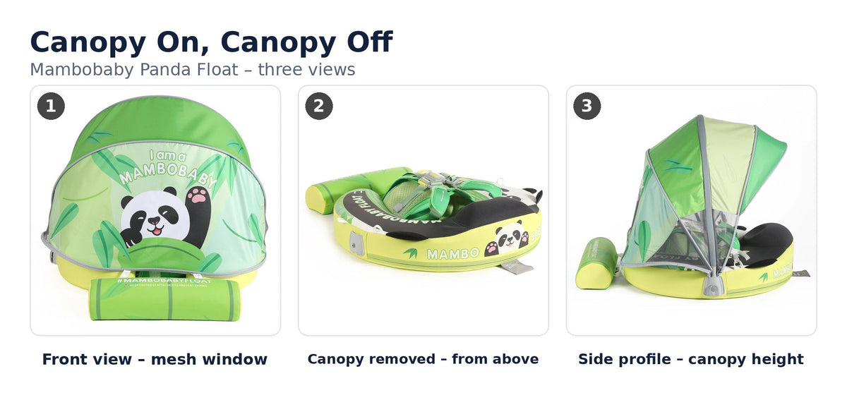 Mambobaby Panda Float canopy on and off: front view with mesh window, canopy removed from above, side profile showing canopy height