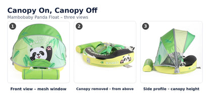 Mambobaby Panda Float canopy on and off: front view with mesh window, canopy removed from above, side profile showing canopy height