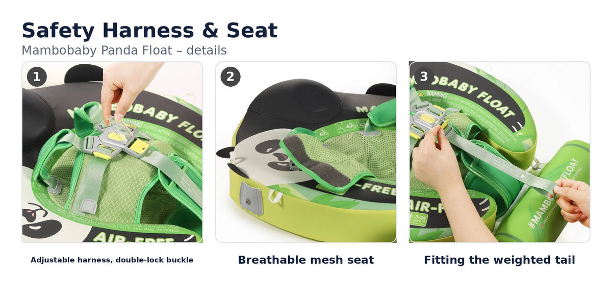 Mambobaby Panda Float safety harness and seat: adjustable harness with double-lock buckle, breathable mesh seat, fitting the weighted tail