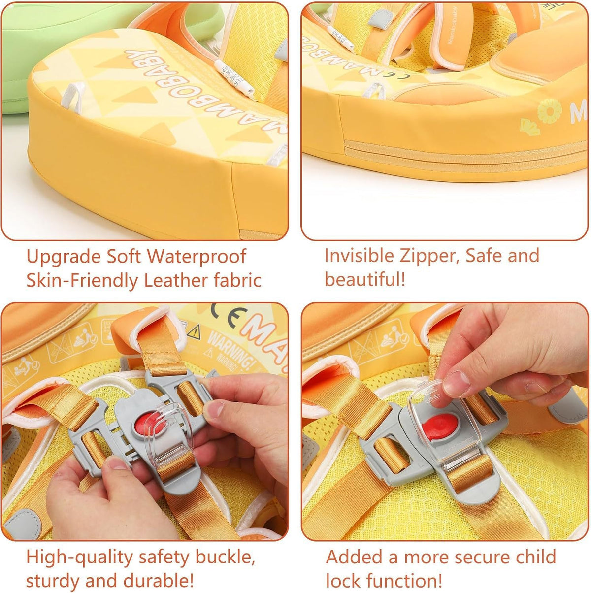 Waterproof fabric, hidden zipper, safety buckle and child lock on the Pineapple float