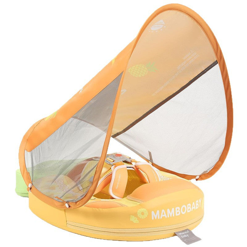 Mambobaby Pineapple baby float in yellow with the sunshade canopy raised, 3–24 months