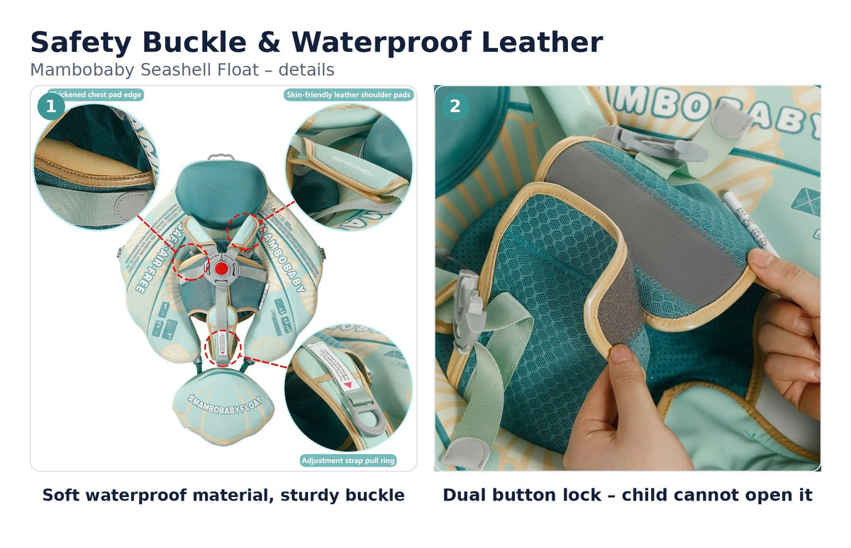 Mambobaby Seashell Float safety buckle and waterproof leather: soft waterproof material, sturdy buckle, dual button lock a child cannot open