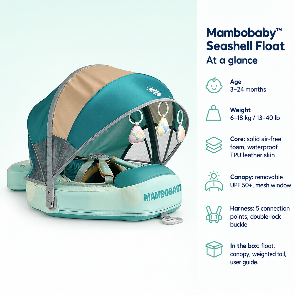 Mambobaby Seashell Float – specifications at a glance: age, weight, core, canopy, harness and what is in the box