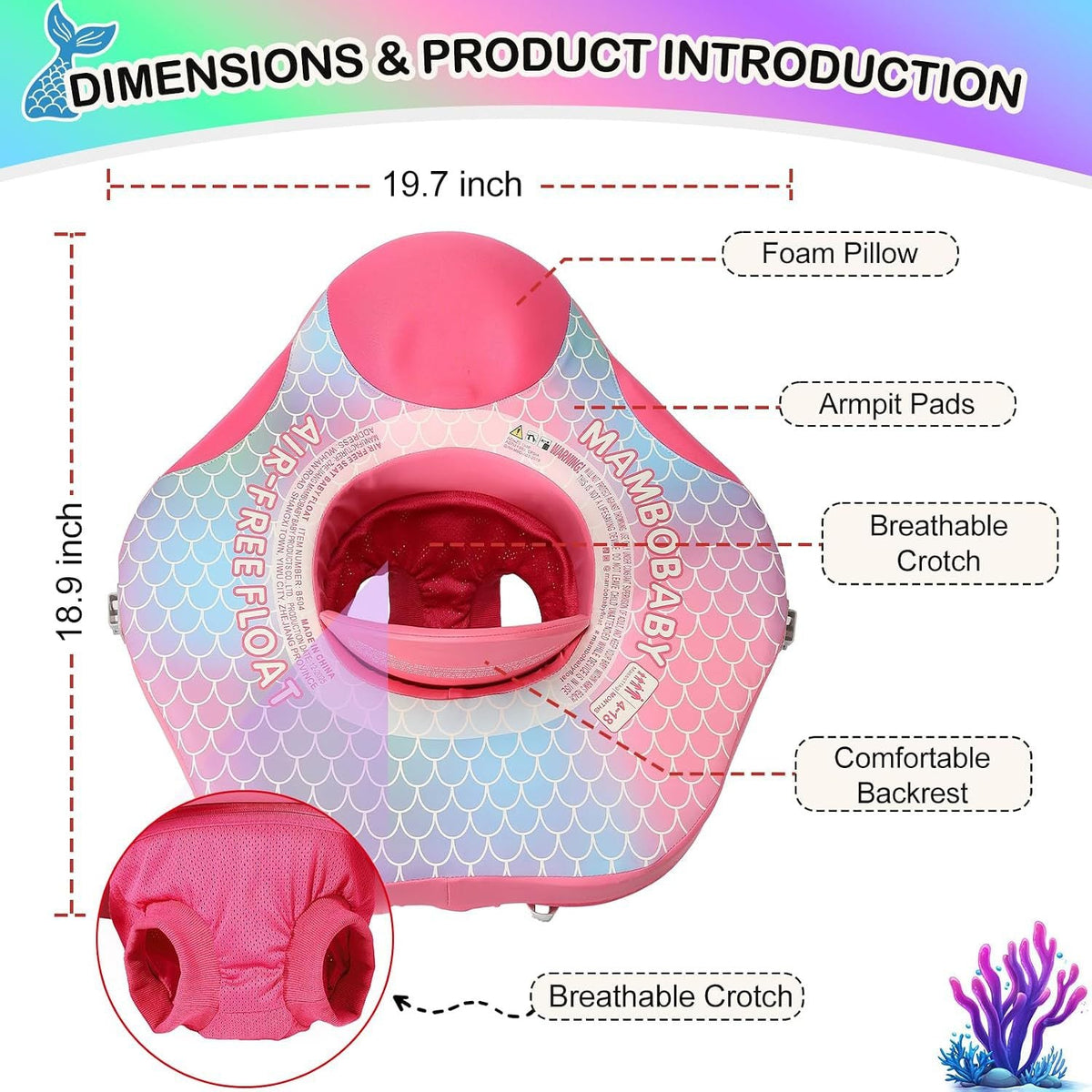 Seat float dimensions — foam pillow backrest, armpit pads and breathable crotch panel
