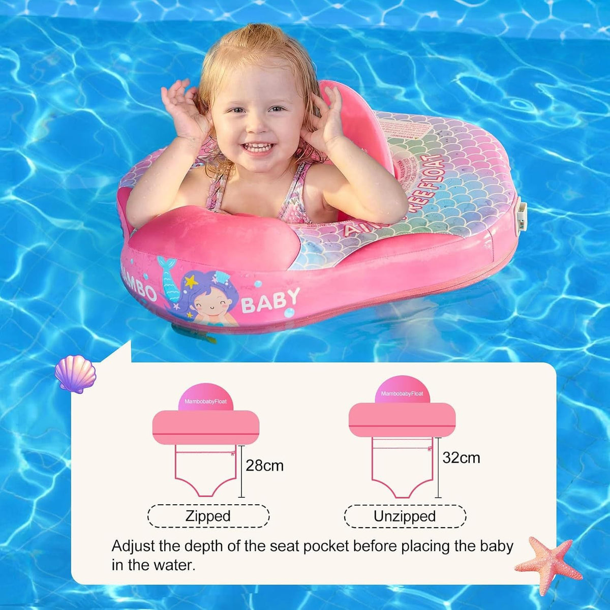 Toddler sitting in the Mambobaby seat float, and the adjustable seat depth