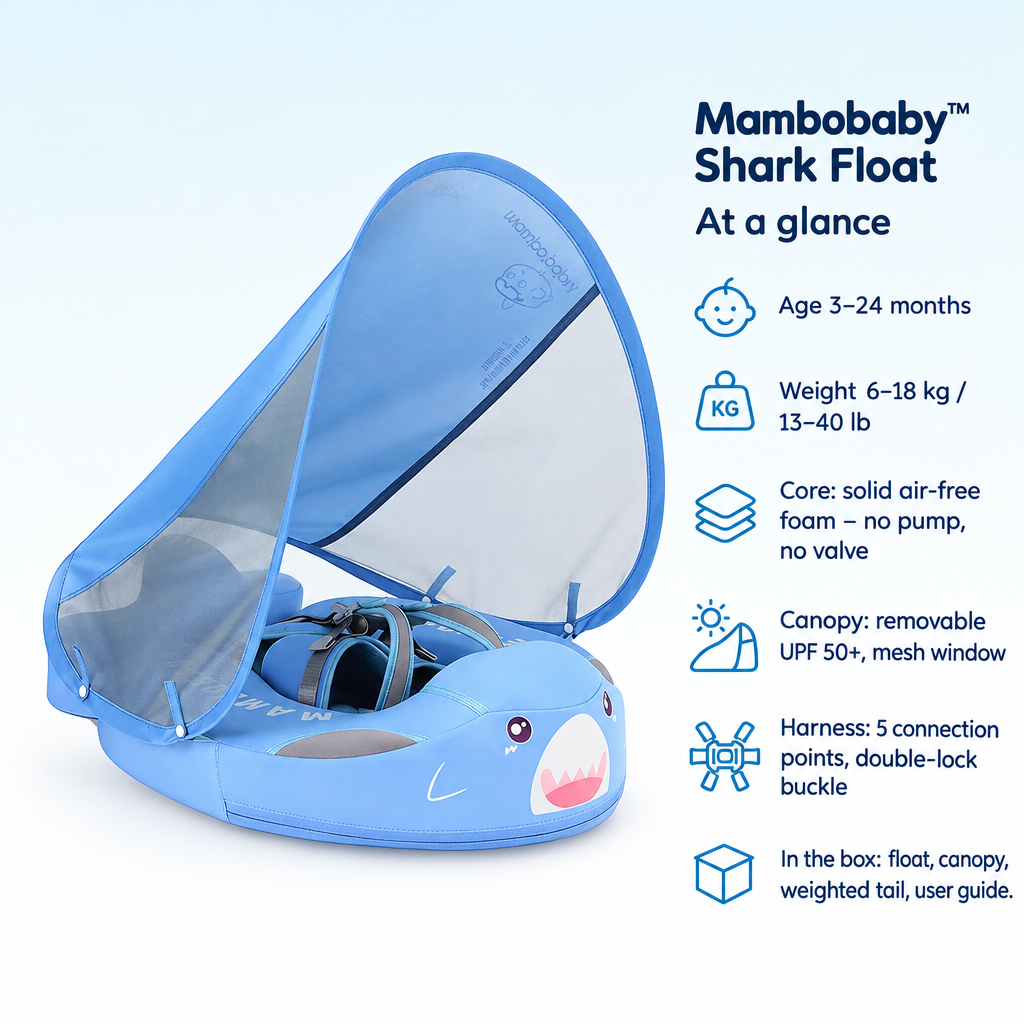 Mambobaby Shark Float – specifications at a glance: age, weight, core, canopy, harness and what is in the box