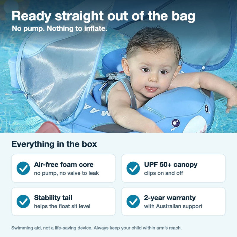 Mambobaby Shark float: ready out of the bag, no pump, what is in the box
