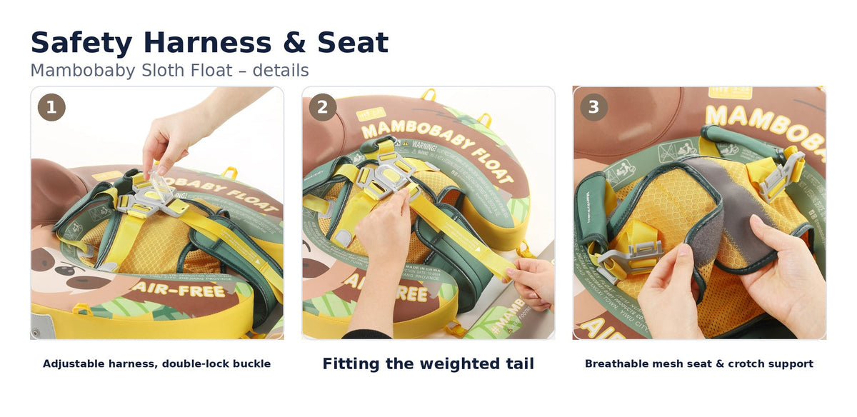 Mambobaby Sloth Float safety harness and seat: adjustable harness with double-lock buckle, fitting the weighted tail, breathable mesh seat and crotch support