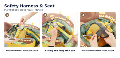 Mambobaby Sloth Float safety harness and seat: adjustable harness with double-lock buckle, fitting the weighted tail, breathable mesh seat and crotch support
