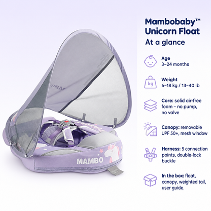 Mambobaby Unicorn Float – specifications at a glance: age, weight, core, canopy, harness and what is in the box